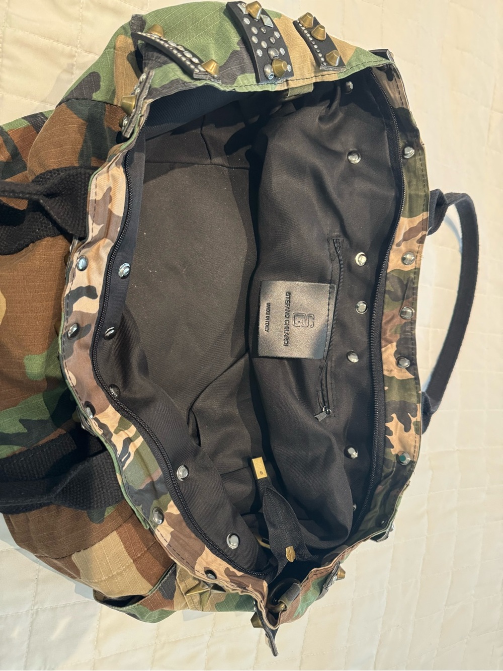 Free People Camouflage Canvas Tote with Studded Trim and Black Handles - Picture 4 of 7